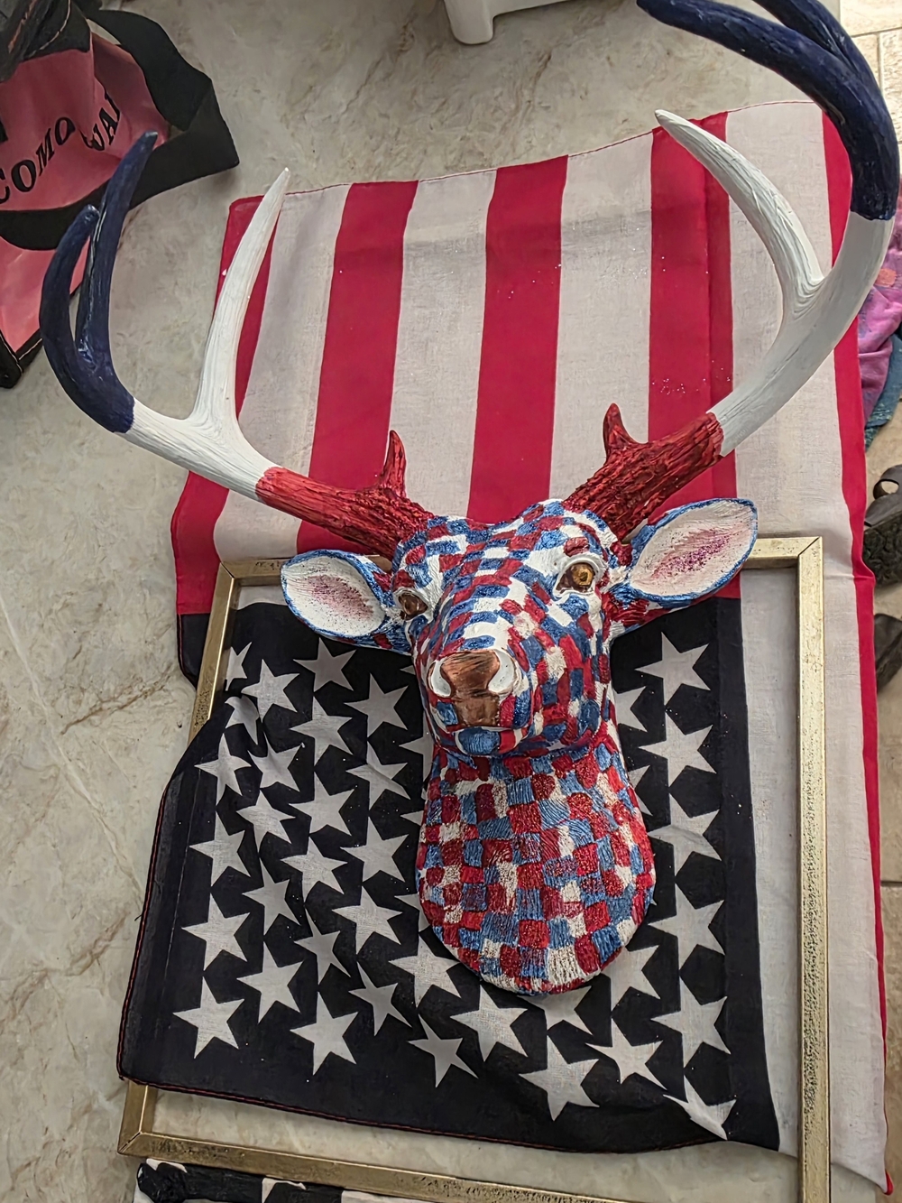 Patriotic Red & Blue Checkered Deer Head Wall Art